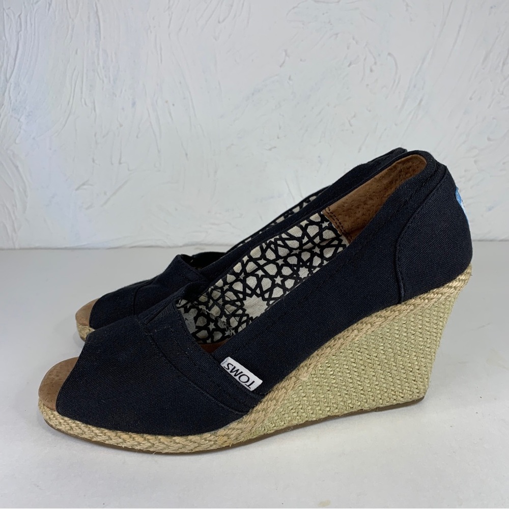 Toms Women's Black Twill Classic Wedge Sandals Cork Heel Peep Toe Shoes Size 7